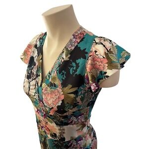 Guess Ginza Garden Floral Cap Sleeve V-Neck Sheath Dress Teal Pink Small